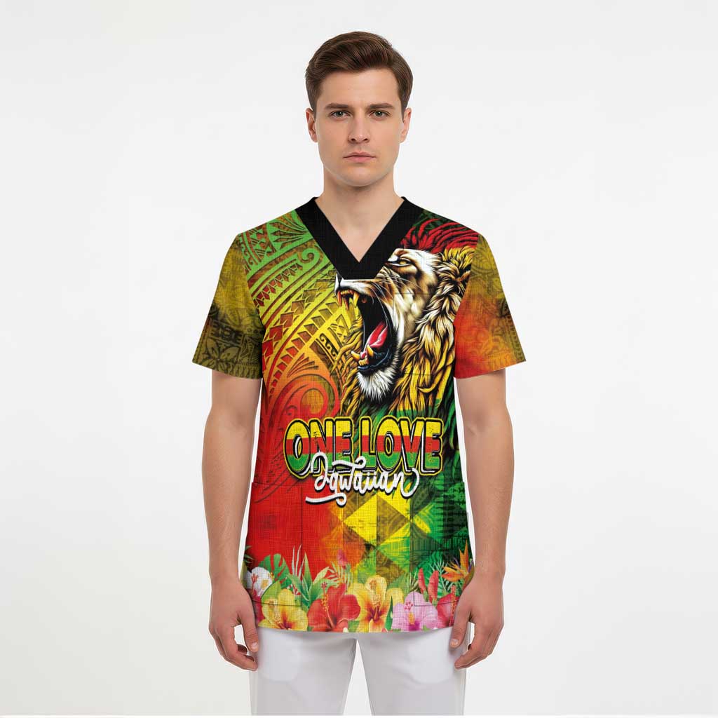 Hawaiian Reggae Scrub Top Jawaiian One Love-Tribal Tatoos and Rastafari Lion LT03 - Polynesian Pride