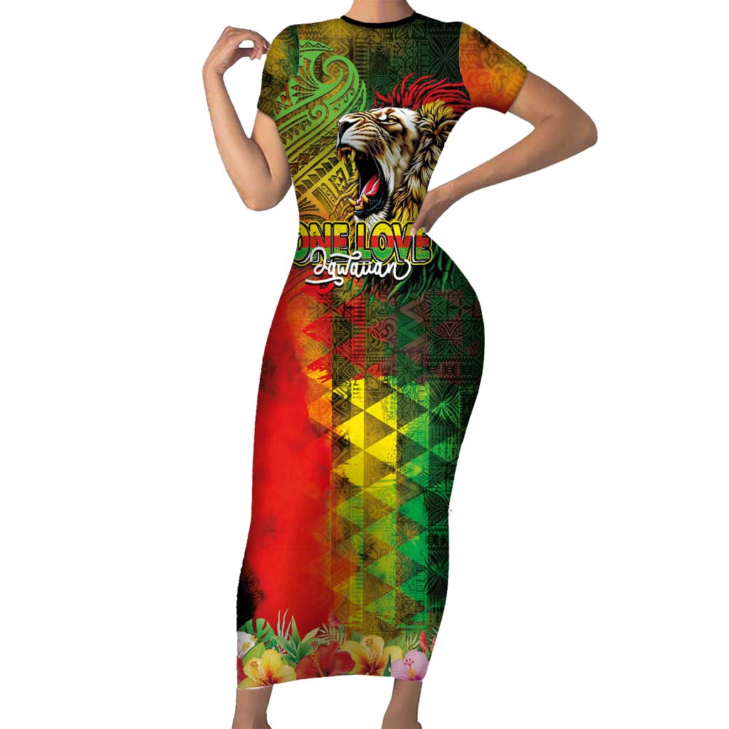 Hawaiian Reggae Short Sleeve Bodycon Dress Jawaiian One Love-Tribal Tatoos and Rastafari Lion - Polynesian Pride
