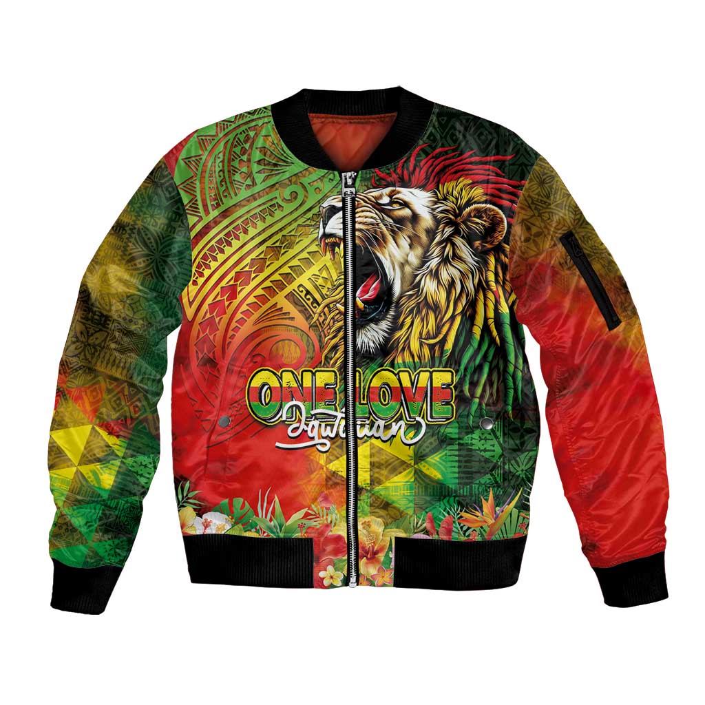 Hawaiian Reggae Sleeve Zip Bomber Jacket Jawaiian One Love-Tribal Tatoos and Rastafari Lion LT03 Unisex Multicolor - Polynesian Pride
