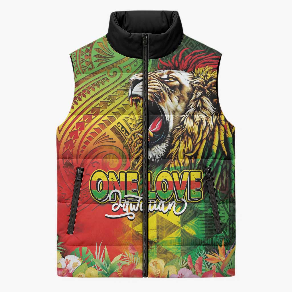 Hawaiian Reggae Sleeveless Puffer Jacket Jawaiian One Love-Tribal Tatoos and Rastafari Lion LT03 Unisex Multicolor - Polynesian Pride