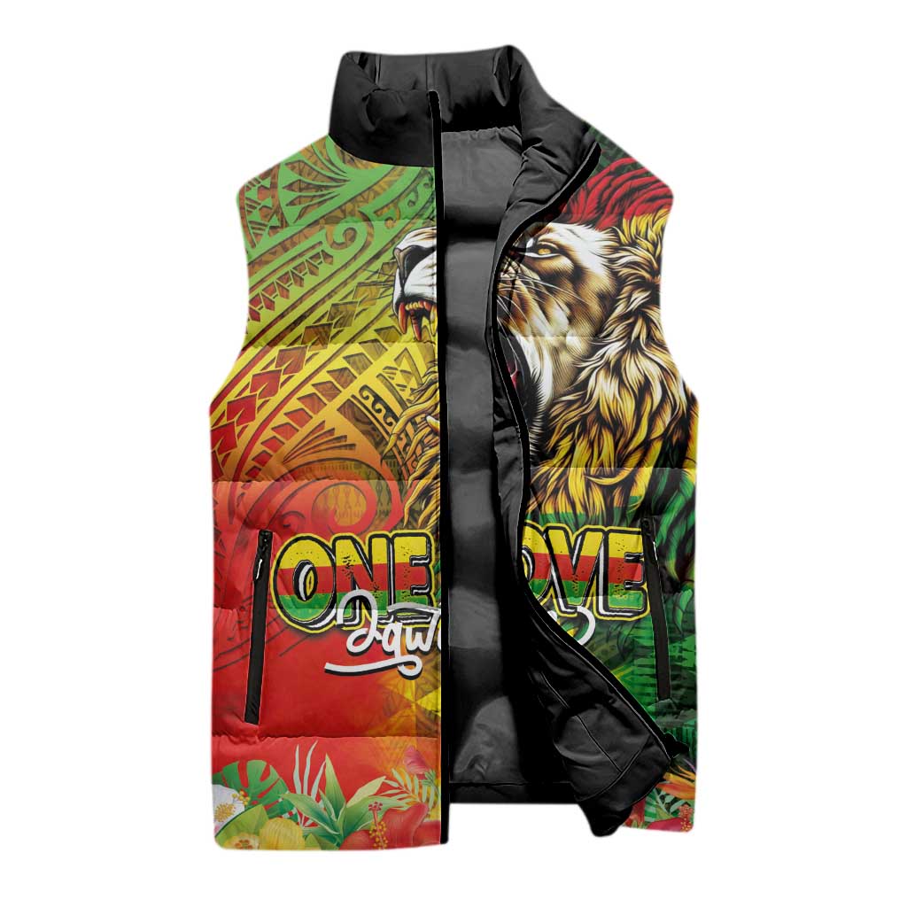 Hawaiian Reggae Sleeveless Puffer Jacket Jawaiian One Love-Tribal Tatoos and Rastafari Lion LT03 - Polynesian Pride