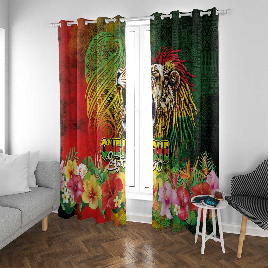 Hawaiian Reggae Window Curtain Jawaiian One Love-Tribal Tatoos and Rastafari Lion LT03 With Grommets Multicolor - Polynesian Pride
