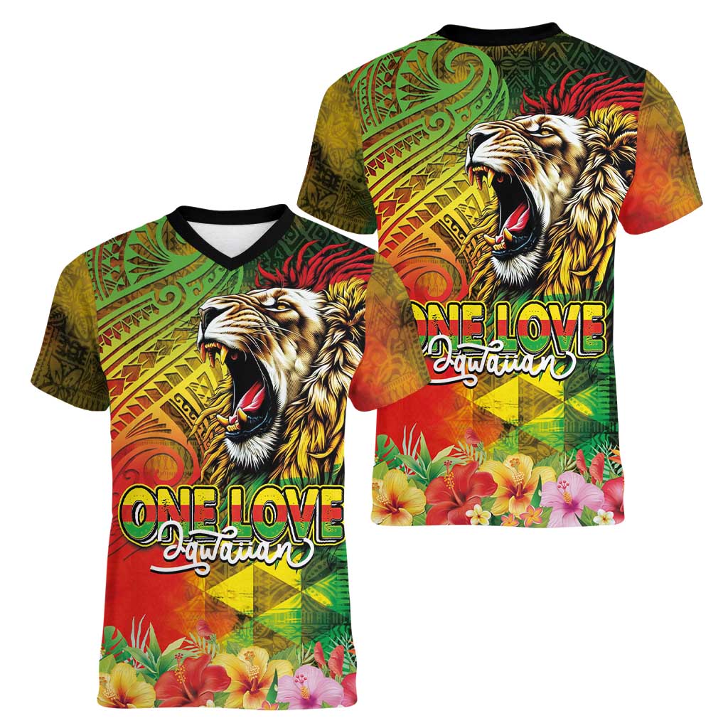 Hawaiian Reggae Women V-Neck T-Shirt Jawaiian One Love-Tribal Tatoos and Rastafari Lion LT03 - Polynesian Pride