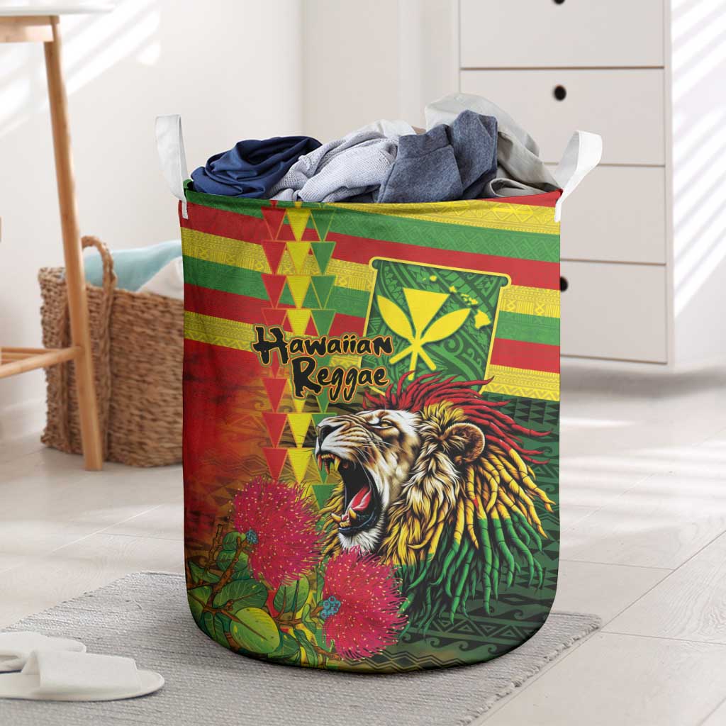 Hawaiian Reggae Laundry Basket Kakau Art Motifs with Ohia Lehua and Rastafari Lion LT03 Multicolor - Polynesian Pride