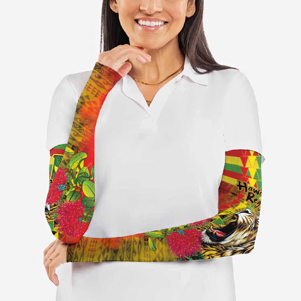 Hawaiian Reggae Arm Sleeves Kakau Art Motifs with Ohia Lehua and Rastafari Lion LT03 - Polynesian Pride