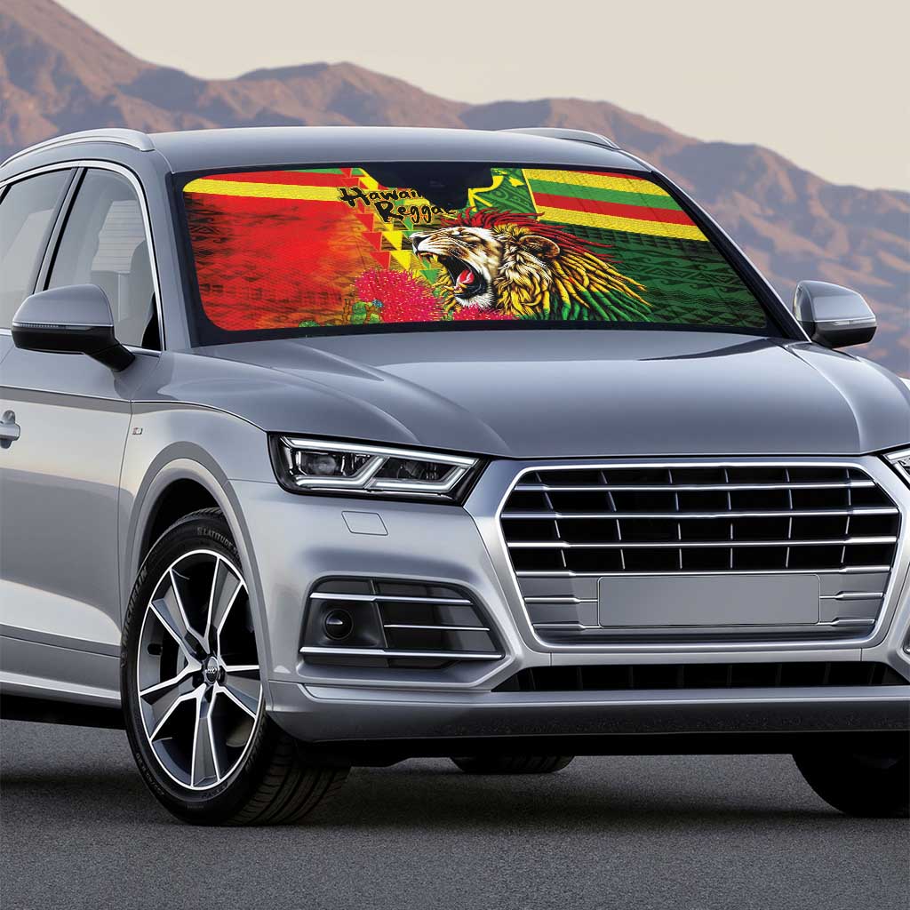 Hawaiian Reggae Auto Sun Shade Kakau Art Motifs with Ohia Lehua and Rastafari Lion LT03 - Polynesian Pride