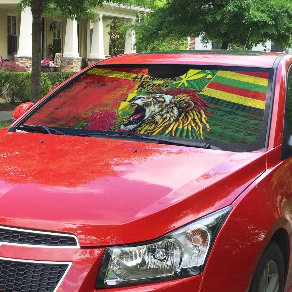 Hawaiian Reggae Auto Sun Shade Kakau Art Motifs with Ohia Lehua and Rastafari Lion LT03 - Polynesian Pride