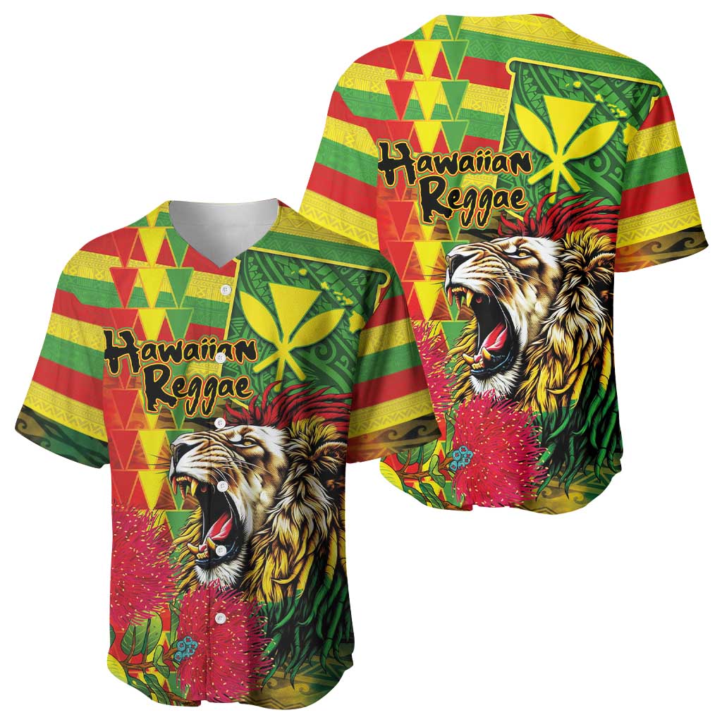 Hawaiian Reggae Baseball Jersey Kakau Art Motifs with Ohia Lehua and Rastafari Lion LT03 - Polynesian Pride