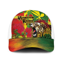 Hawaiian Reggae Baseball Net Cap Kakau Art Motifs with Ohia Lehua and Rastafari Lion LT03 One Size White Multicolor - Polynesian Pride