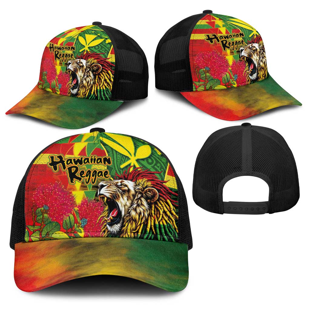 Hawaiian Reggae Baseball Net Cap Kakau Art Motifs with Ohia Lehua and Rastafari Lion LT03 - Polynesian Pride