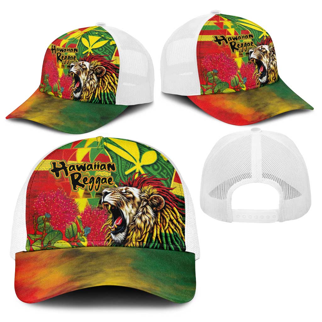 Hawaiian Reggae Baseball Net Cap Kakau Art Motifs with Ohia Lehua and Rastafari Lion LT03 - Polynesian Pride