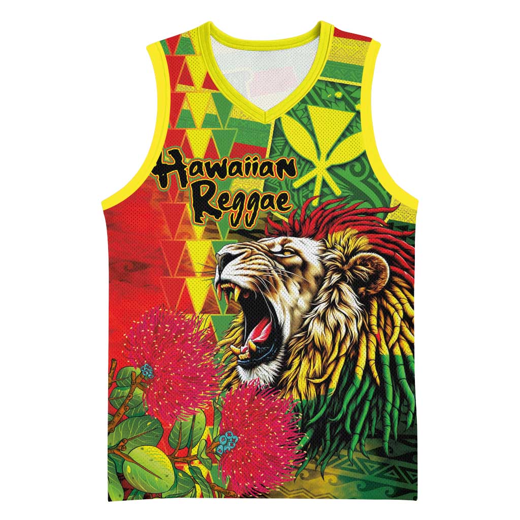 Hawaiian Reggae Basketball Jersey Kakau Art Motifs with Ohia Lehua and Rastafari Lion LT03 Unisex Multicolor - Polynesian Pride