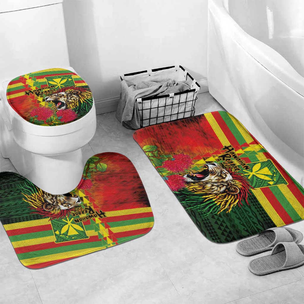 Hawaiian Reggae Bathroom Set Kakau Art Motifs with Ohia Lehua and Rastafari Lion LT03 Mat Set Only (3 pcs) One Size Multicolor - Polynesian Pride