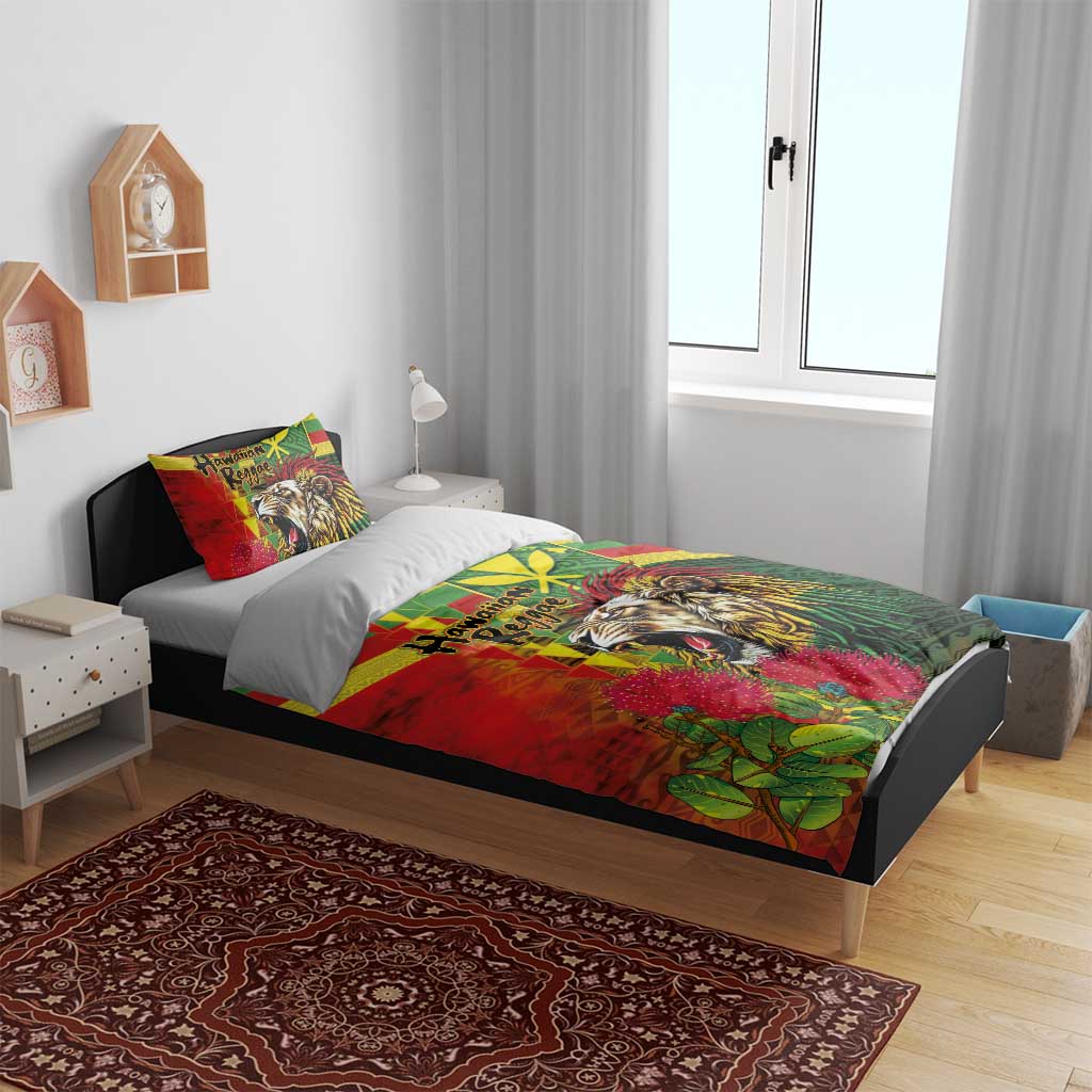 Hawaiian Reggae Bedding Set Kakau Art Motifs with Ohia Lehua and Rastafari Lion - Polynesian Pride