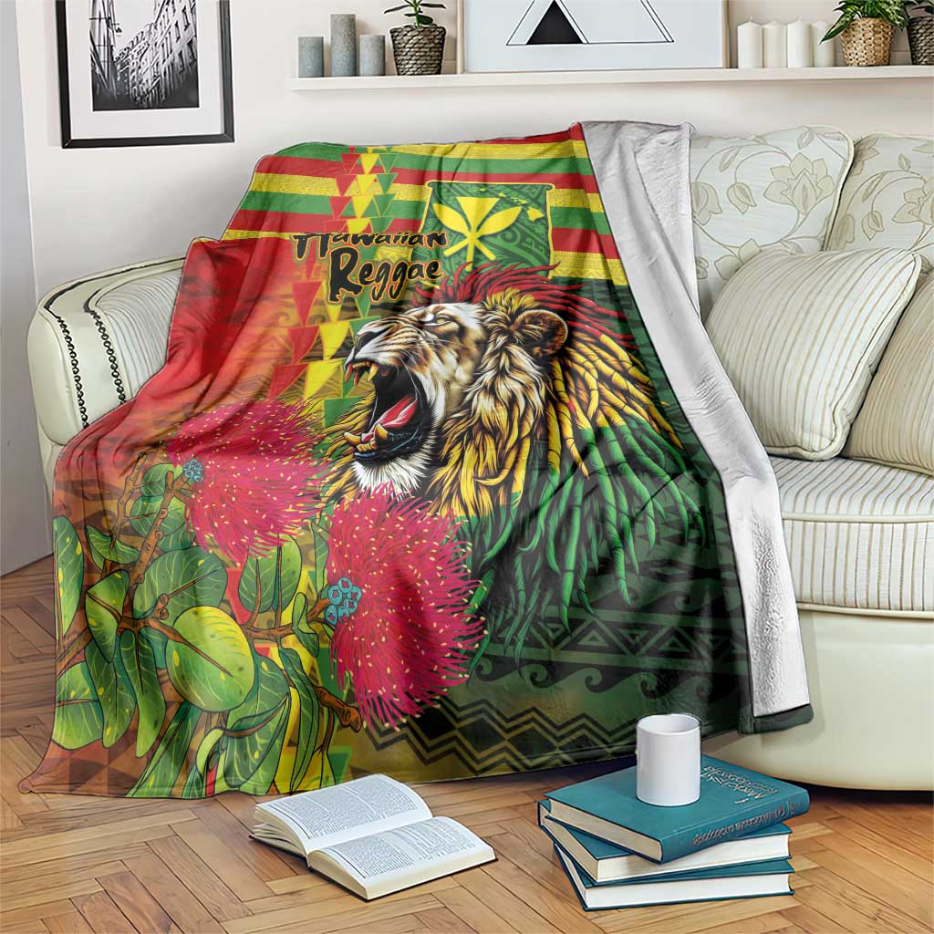 Hawaiian Reggae Blanket Kakau Art Motifs with Ohia Lehua and Rastafari Lion LT03 Multicolor - Polynesian Pride