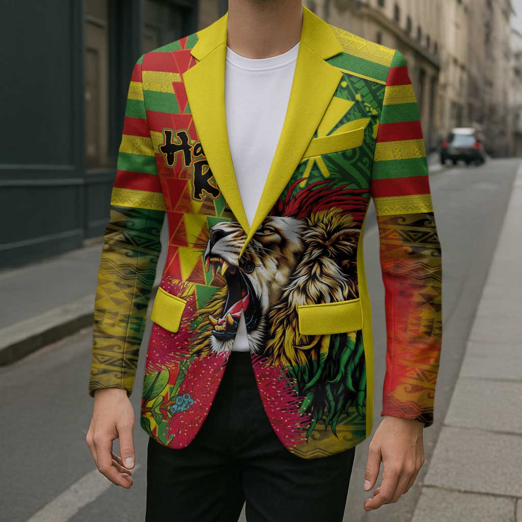 Hawaiian Reggae Blazer Kakau Art Motifs with Ohia Lehua and Rastafari Lion LT03 - Polynesian Pride