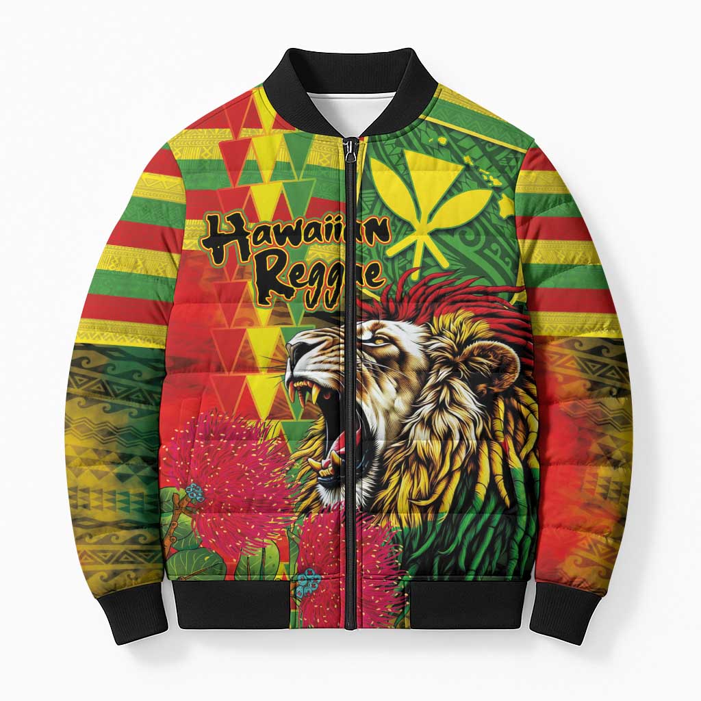 Hawaiian Reggae Bomber Puffer Jacket Kakau Art Motifs with Ohia Lehua and Rastafari Lion LT03 Unisex Multicolor - Polynesian Pride