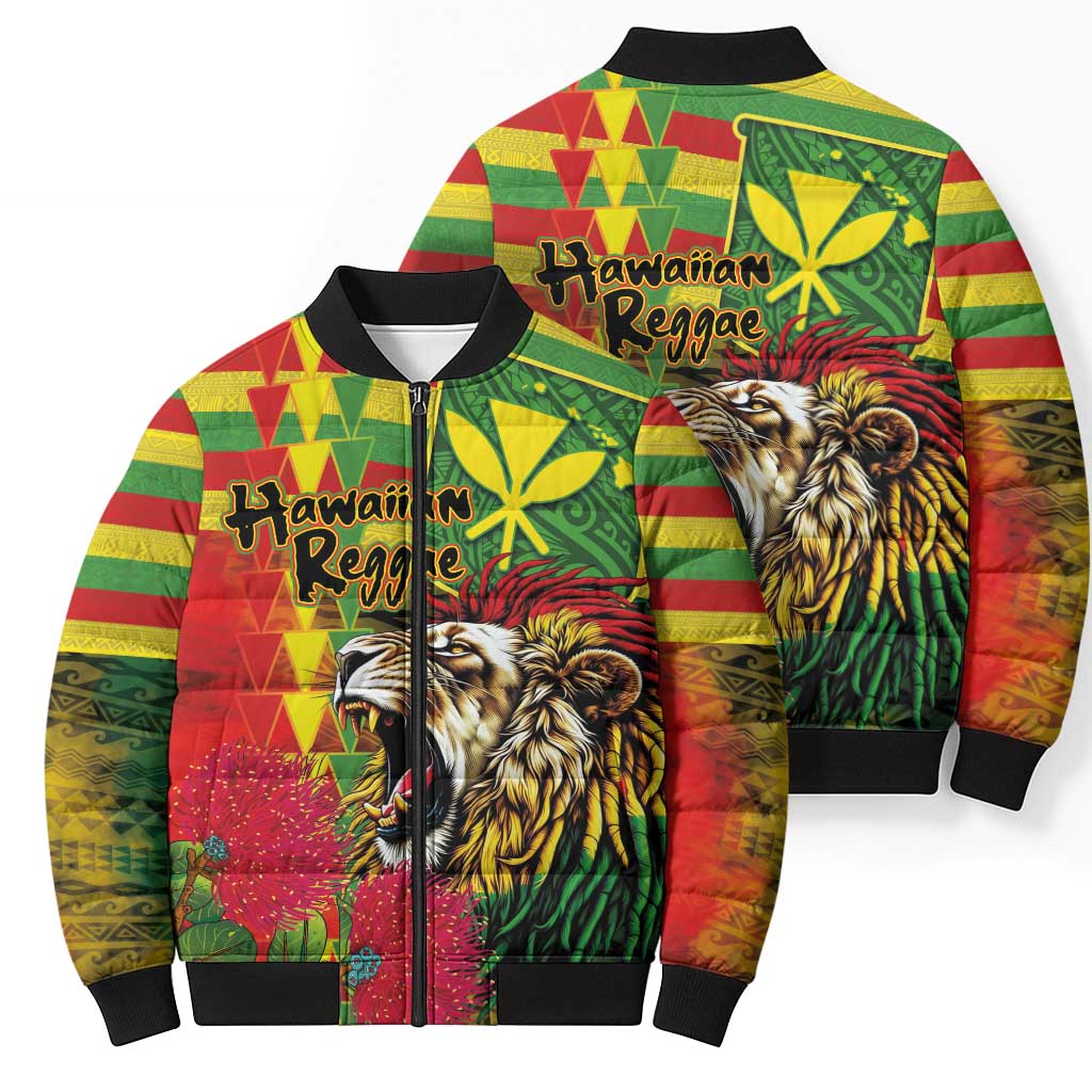 Hawaiian Reggae Bomber Puffer Jacket Kakau Art Motifs with Ohia Lehua and Rastafari Lion LT03 - Polynesian Pride