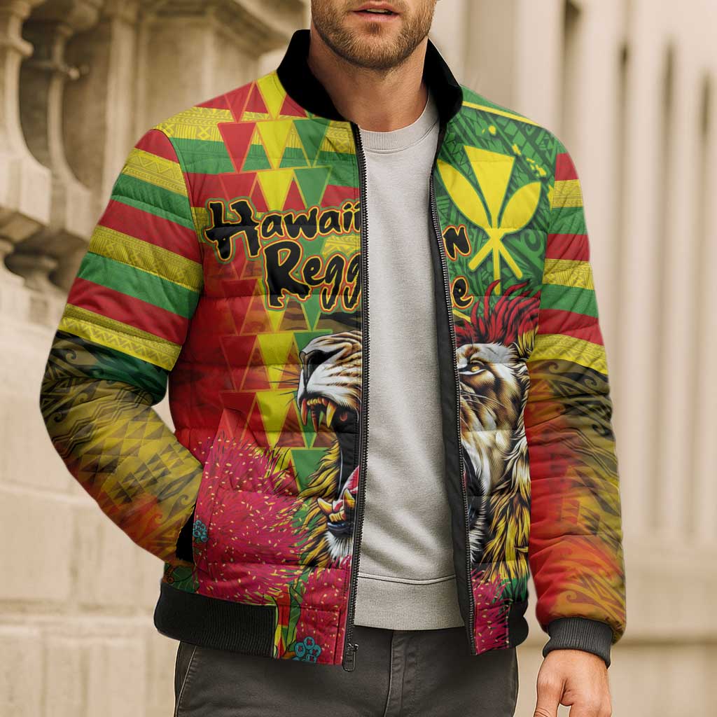 Hawaiian Reggae Bomber Puffer Jacket Kakau Art Motifs with Ohia Lehua and Rastafari Lion LT03 - Polynesian Pride