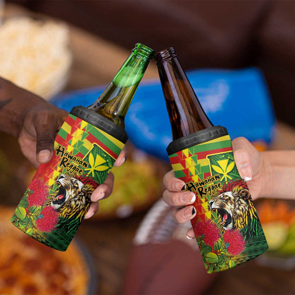 Hawaiian Reggae 4 in 1 Can Cooler Tumbler Kakau Art Motifs with Ohia Lehua and Rastafari Lion LT03 - Polynesian Pride