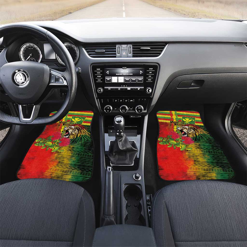 Hawaiian Reggae Car Mats Kakau Art Motifs with Ohia Lehua and Rastafari Lion LT03 Set 2pcs - Front Multicolor - Polynesian Pride