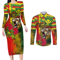 Hawaiian Reggae Couples Matching Long Sleeve Bodycon Dress and Long Sleeve Button Shirt Kakau Art Motifs with Ohia Lehua and Rastafari Lion LT03 Multicolor - Polynesian Pride