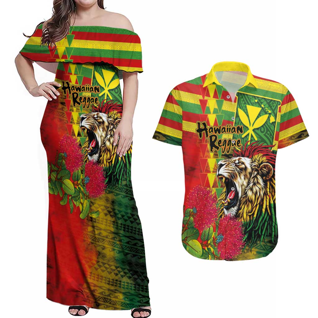 Hawaiian Reggae Couples Matching Off Shoulder Maxi Dress and Hawaiian Shirt Kakau Art Motifs with Ohia Lehua and Rastafari Lion LT03 Multicolor - Polynesian Pride