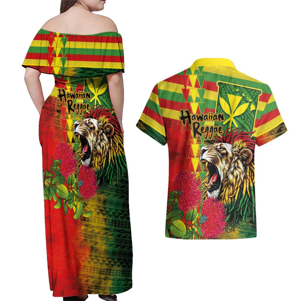 Hawaiian Reggae Couples Matching Off Shoulder Maxi Dress and Hawaiian Shirt Kakau Art Motifs with Ohia Lehua and Rastafari Lion LT03 - Polynesian Pride