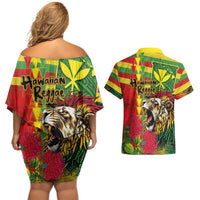 Hawaiian Reggae Couples Matching Off Shoulder Short Dress and Hawaiian Shirt Kakau Art Motifs with Ohia Lehua and Rastafari Lion LT03 - Polynesian Pride