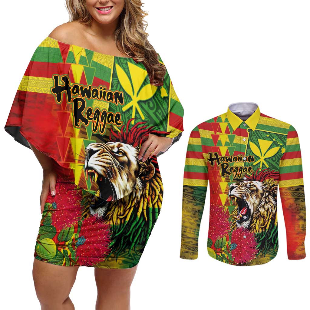 Hawaiian Reggae Couples Matching Off Shoulder Short Dress and Long Sleeve Button Shirt Kakau Art Motifs with Ohia Lehua and Rastafari Lion LT03 Multicolor - Polynesian Pride