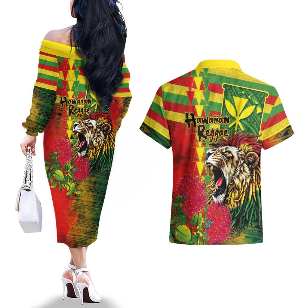 Hawaiian Reggae Couples Matching Off The Shoulder Long Sleeve Dress and Hawaiian Shirt Kakau Art Motifs with Ohia Lehua and Rastafari Lion LT03 - Polynesian Pride