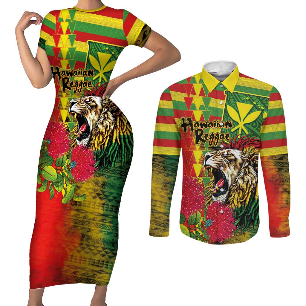 Hawaiian Reggae Couples Matching Short Sleeve Bodycon Dress and Long Sleeve Button Shirt Kakau Art Motifs with Ohia Lehua and Rastafari Lion LT03 Multicolor - Polynesian Pride
