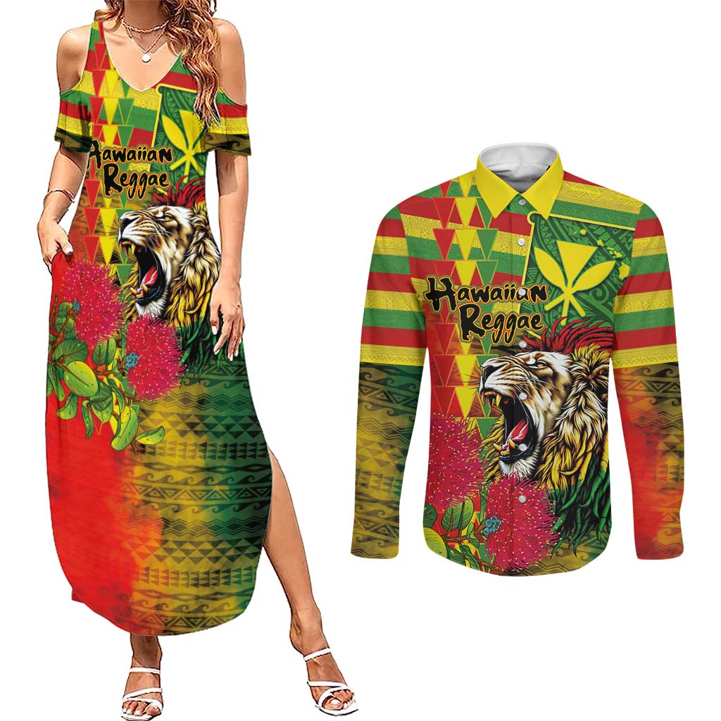 Hawaiian Reggae Couples Matching Summer Maxi Dress and Long Sleeve Button Shirt Kakau Art Motifs with Ohia Lehua and Rastafari Lion - Polynesian Pride