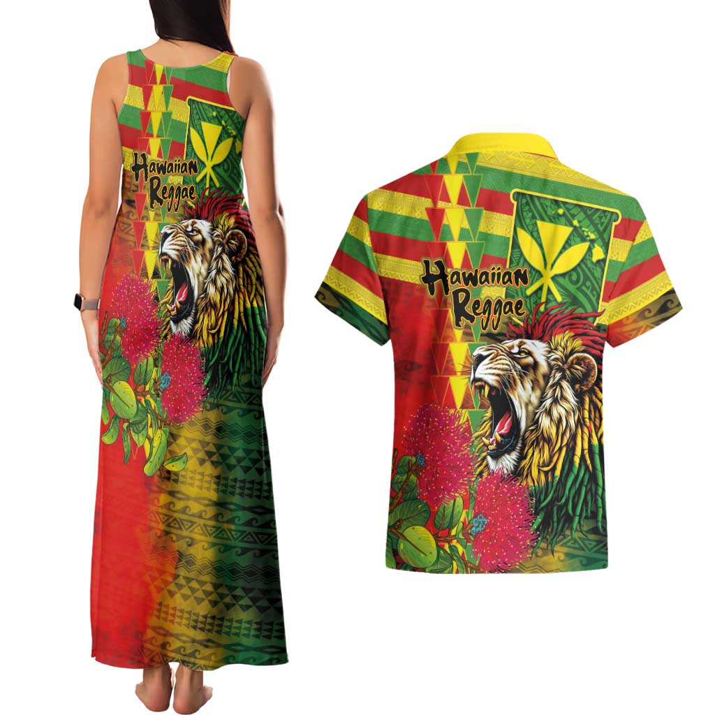 Hawaiian Reggae Couples Matching Tank Maxi Dress and Hawaiian Shirt Kakau Art Motifs with Ohia Lehua and Rastafari Lion LT03 - Polynesian Pride