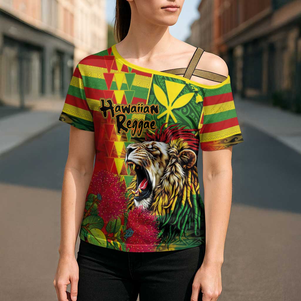 Hawaiian Reggae Cross Shoulder Shirt Kakau Art Motifs with Ohia Lehua and Rastafari Lion LT03 - Polynesian Pride