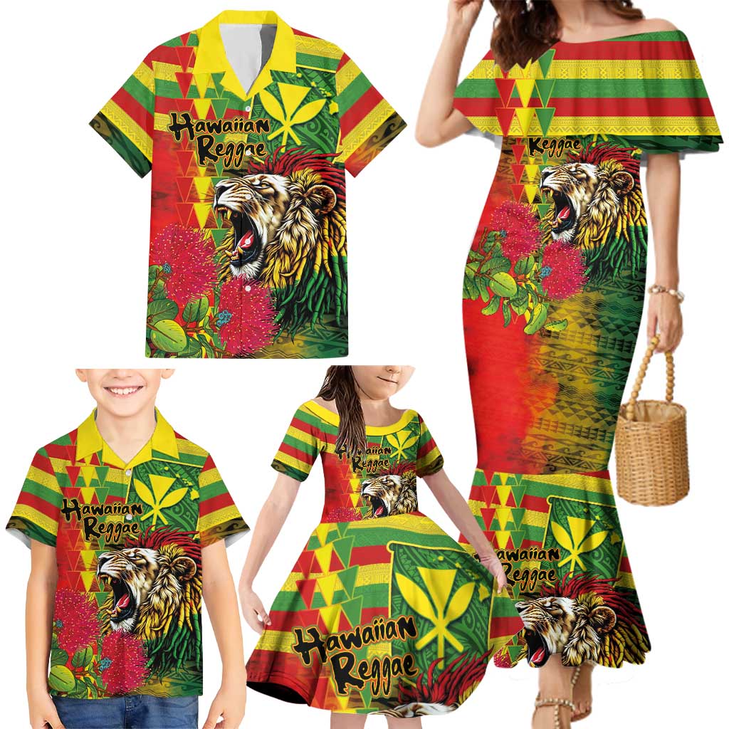 Hawaiian Reggae Family Matching Mermaid Dress and Hawaiian Shirt Kakau Art Motifs with Ohia Lehua and Rastafari Lion LT03 - Polynesian Pride