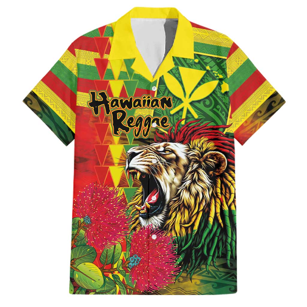 Hawaiian Reggae Family Matching Off Shoulder Maxi Dress and Hawaiian Shirt Kakau Art Motifs with Ohia Lehua and Rastafari Lion LT03 Dad's Shirt - Short Sleeve Multicolor - Polynesian Pride