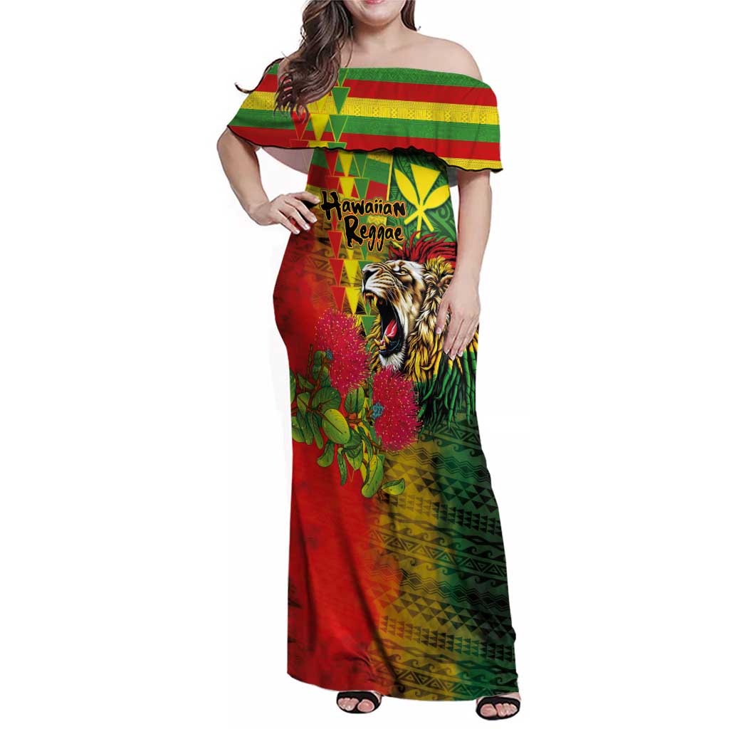 Hawaiian Reggae Family Matching Off Shoulder Maxi Dress and Hawaiian Shirt Kakau Art Motifs with Ohia Lehua and Rastafari Lion LT03 Mom's Dress Multicolor - Polynesian Pride