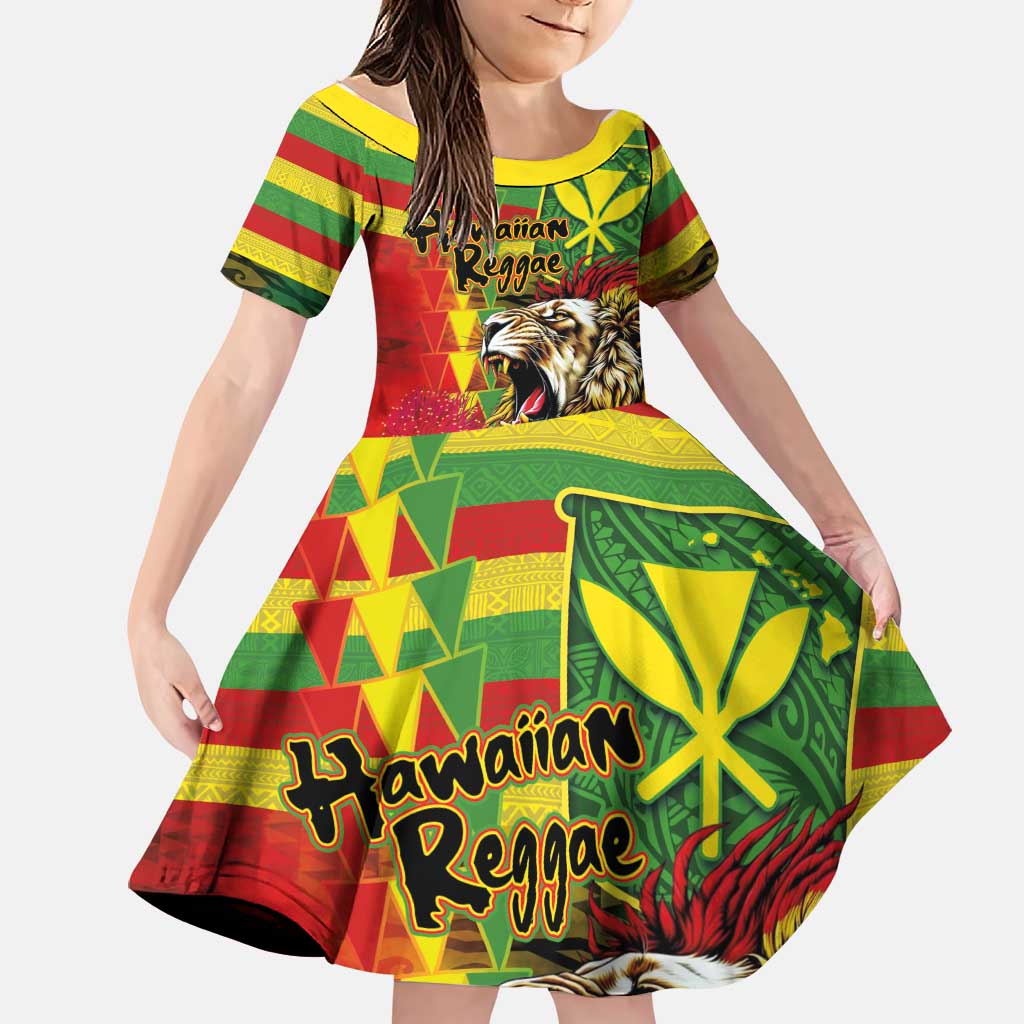 Hawaiian Reggae Family Matching Puletasi and Hawaiian Shirt Kakau Art Motifs with Ohia Lehua and Rastafari Lion LT03 Daughter's Dress Multicolor - Polynesian Pride