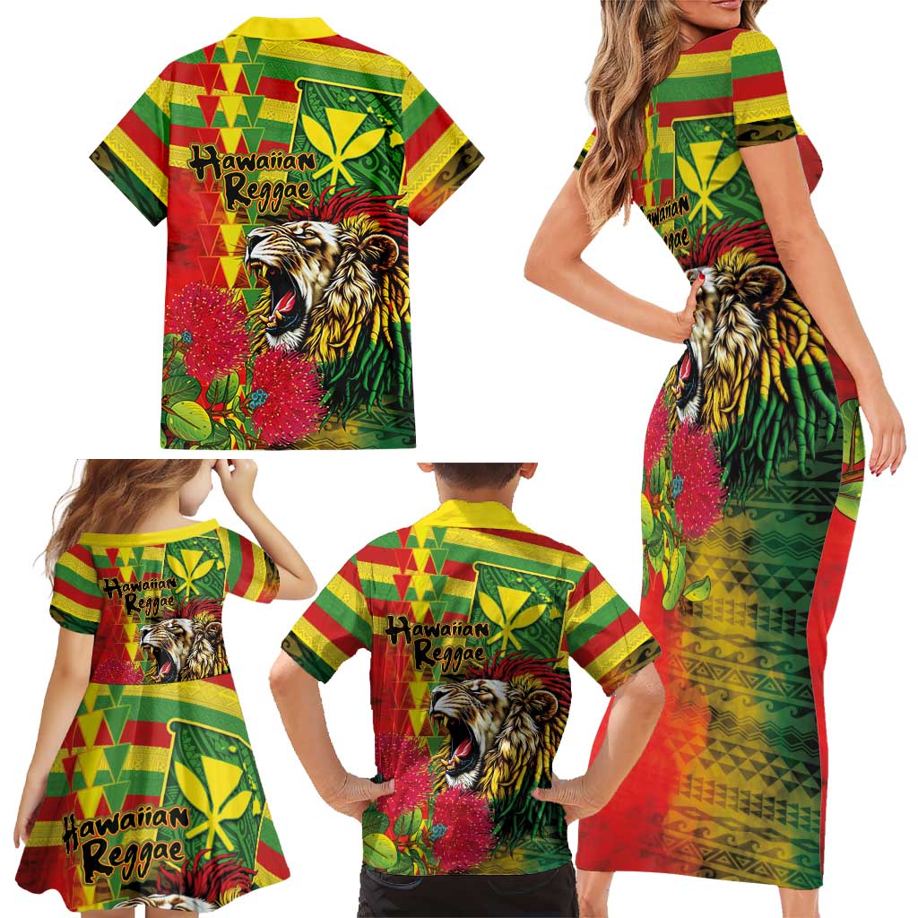 Hawaiian Reggae Family Matching Short Sleeve Bodycon Dress and Hawaiian Shirt Kakau Art Motifs with Ohia Lehua and Rastafari Lion LT03 - Polynesian Pride