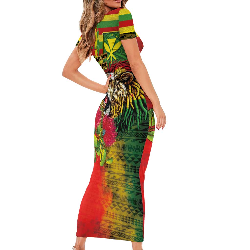 Hawaiian Reggae Family Matching Short Sleeve Bodycon Dress and Hawaiian Shirt Kakau Art Motifs with Ohia Lehua and Rastafari Lion LT03 - Polynesian Pride