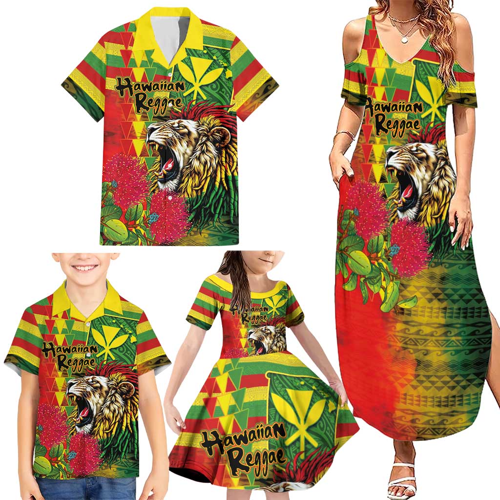 Hawaiian Reggae Family Matching Summer Maxi Dress and Hawaiian Shirt Kakau Art Motifs with Ohia Lehua and Rastafari Lion LT03 - Polynesian Pride