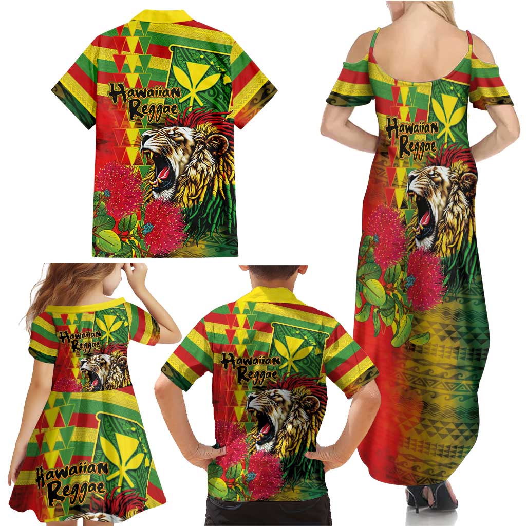 Hawaiian Reggae Family Matching Summer Maxi Dress and Hawaiian Shirt Kakau Art Motifs with Ohia Lehua and Rastafari Lion LT03 - Polynesian Pride