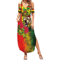 Hawaiian Reggae Family Matching Summer Maxi Dress and Hawaiian Shirt Kakau Art Motifs with Ohia Lehua and Rastafari Lion LT03 Mom's Dress Multicolor - Polynesian Pride