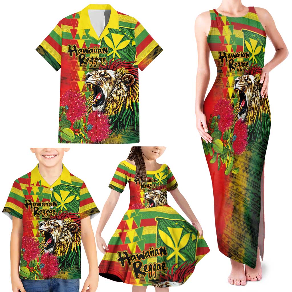 Hawaiian Reggae Family Matching Tank Maxi Dress and Hawaiian Shirt Kakau Art Motifs with Ohia Lehua and Rastafari Lion LT03 - Polynesian Pride