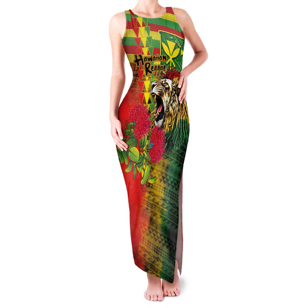 Hawaiian Reggae Family Matching Tank Maxi Dress and Hawaiian Shirt Kakau Art Motifs with Ohia Lehua and Rastafari Lion LT03 Mom's Dress Multicolor - Polynesian Pride