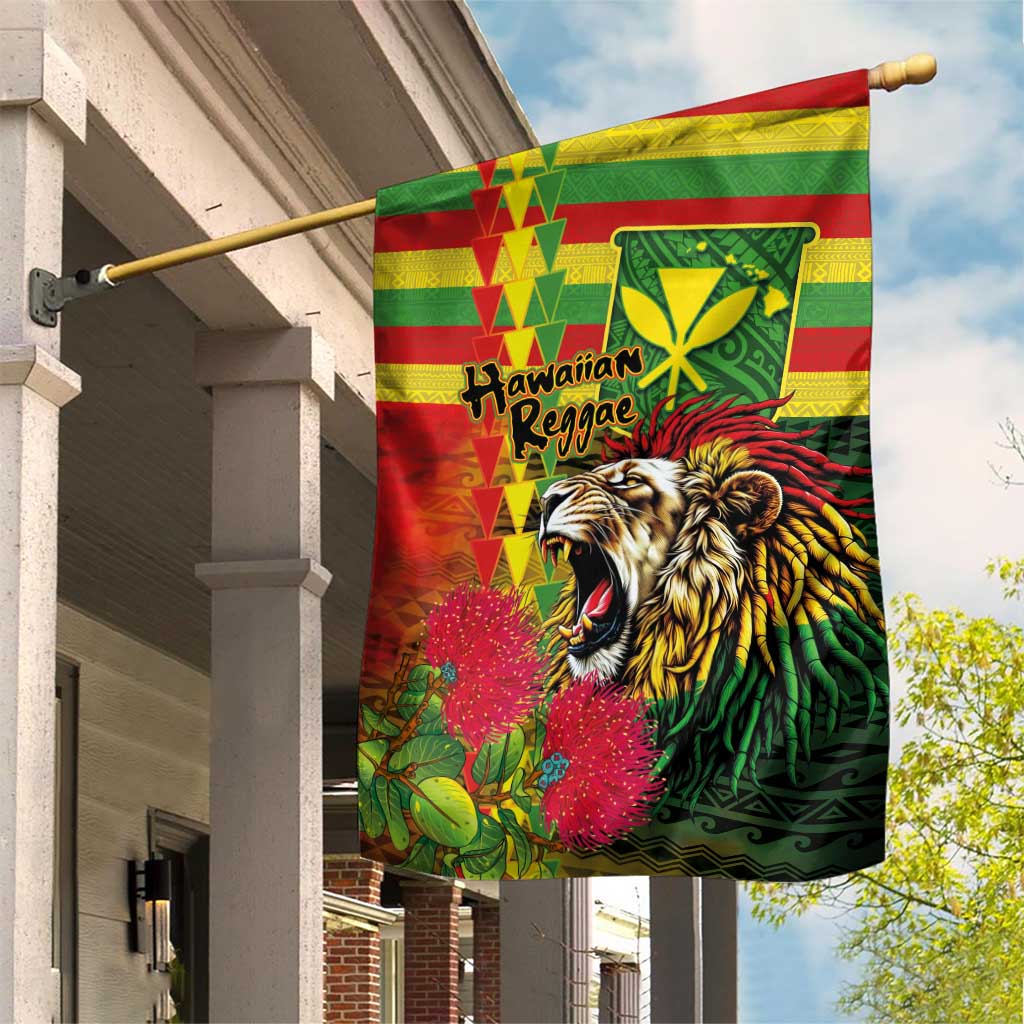 Hawaiian Reggae Garden Flag Kakau Art Motifs with Ohia Lehua and Rastafari Lion LT03 House Flag Multicolor - Polynesian Pride