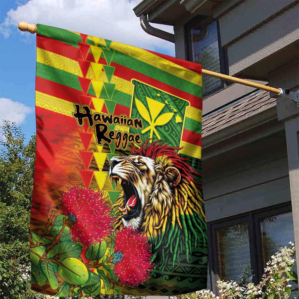 Hawaiian Reggae Garden Flag Kakau Art Motifs with Ohia Lehua and Rastafari Lion LT03 - Polynesian Pride
