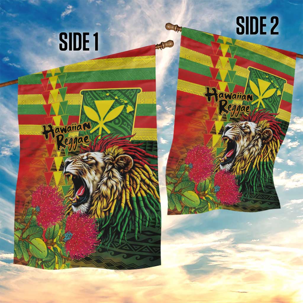 Hawaiian Reggae Garden Flag Kakau Art Motifs with Ohia Lehua and Rastafari Lion LT03 - Polynesian Pride
