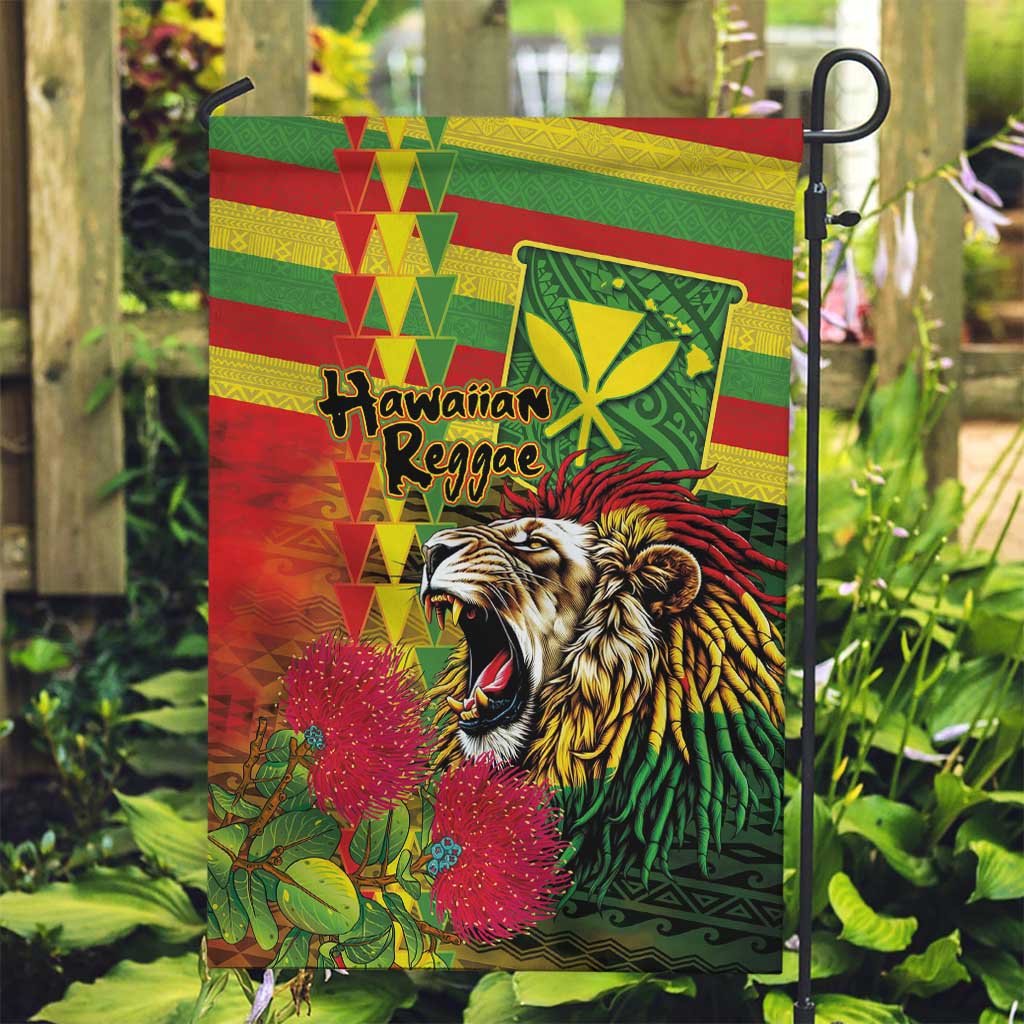 Hawaiian Reggae Garden Flag Kakau Art Motifs with Ohia Lehua and Rastafari Lion LT03 Garden Flag Multicolor - Polynesian Pride